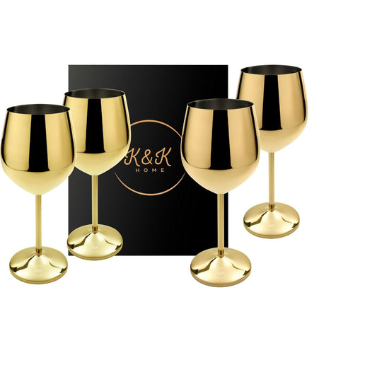 K&K Home Gold Stainless Steel Unbreakable Black Wine Glasses - 18 oz - Set of 4 Colored, Stemmed Metal Wine Glasses Perfect for Outdoors, Weddings, and Parties