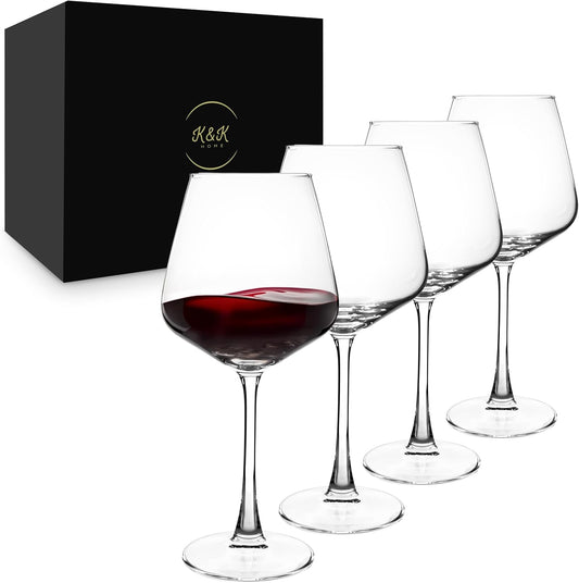 K&K Home Large Red Wine Glasses – Set of 4, 20.5 oz Modern Bowl – Elegant Clear Glass Wine Glasses for Red, White, Rosé, or Sangria – Durable, Lead-Free Glassware for Parties, Dinners & Gifts