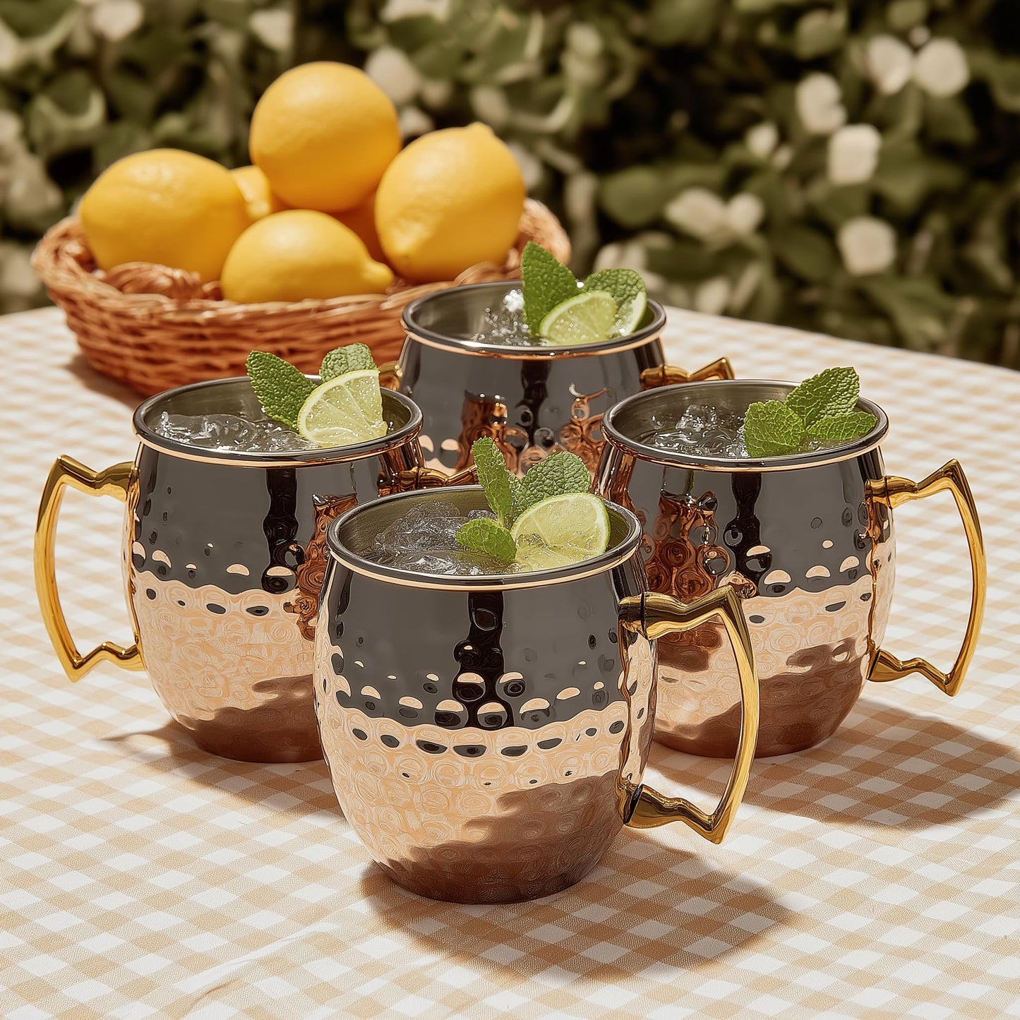 K&K Home Moscow Mule Mugs - 17oz Hammered Cups with Stainless Steel Lining - Set of 4 Mugs Perfect for Cold Drinks, Beer, Wine, Outdoors, and Parties