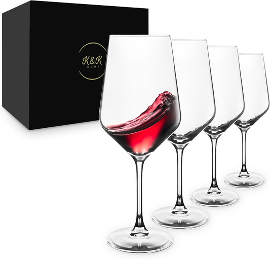 K&K Home Large Red Wine Glasses – Set of 4, 20 oz Modern Bowl – Elegant Clear Glass Wine Glasses for Red, White, Rosé, or Sangria – Durable, Lead-Free Glassware for Parties, Dinners & Gifts