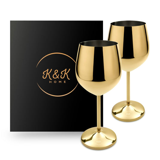 K&K Home Gold Stainless Steel Unbreakable Wine Glasses - 18 oz - Set of 2 Colored, Stemmed Metal Wine Glasses Perfect for Outdoors, Weddings, and Parties