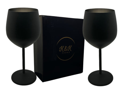 K&K Home Black Matte Stainless Steel Unbreakable Wine Glasses - 18 oz - Set of 2 Colored, Stemmed Metal Wine Glasses Perfect for Outdoors, Weddings, and Fancy Gatherings