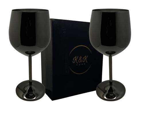 K&K Home Shiny Black Stainless Steel Unbreakable Wine Glasses - 18 oz - Set of 2 Colored, Stemmed Metal Wine Glasses Perfect for Outdoors, Weddings, and Fancy Gatherings