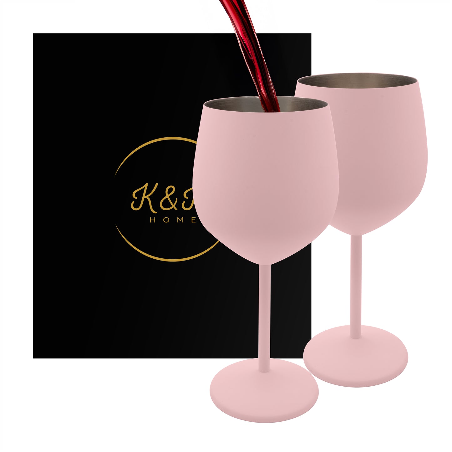K&K Home Pink Stainless Steel Unbreakable Pink Wine Glasses - 18 oz - Set of 2 Colored, Stemmed Metal Wine Glasses Perfect for Outdoors, Weddings, and Parties