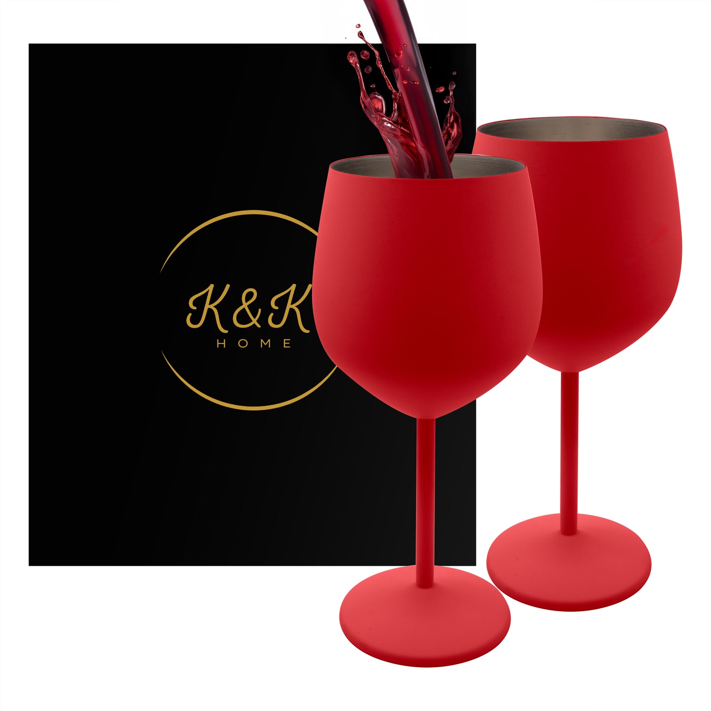 Copas de vino tinto irrompibles de acero inoxidable K&amp;K Home Red - 18 oz - Juego de 2 copas de vino de metal con tallo de colores, perfectas para exteriores, bodas y fiestas