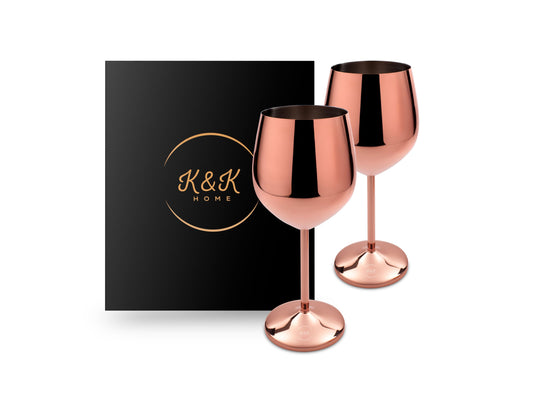 K&K Home Rose Gold Stainless Steel Unbreakable Wine Glasses - 18 oz - Set of 2 Colored, Stemmed Metal Wine Glasses Perfect for Outdoors, Weddings, and Fancy Gatherings