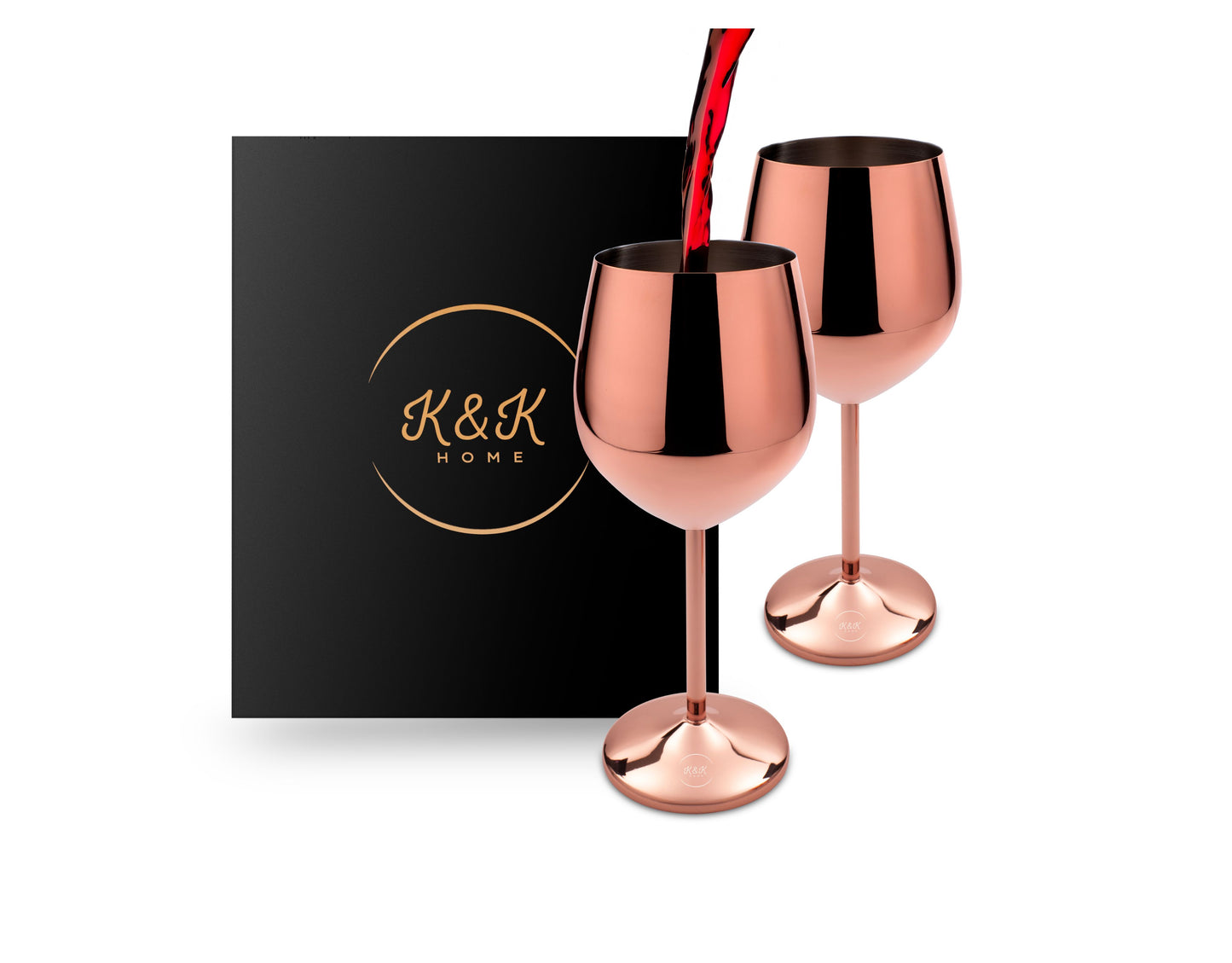 Copas de vino irrompibles de acero inoxidable en oro rosa K&amp;K Home - 18 oz - Juego de 2 copas de vino de metal con tallo de colores, perfectas para exteriores, bodas y reuniones elegantes 