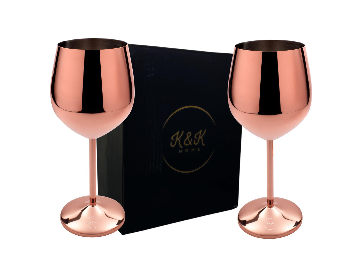 Copas de vino irrompibles de acero inoxidable en oro rosa K&amp;K Home - 18 oz - Juego de 2 copas de vino de metal con tallo de colores, perfectas para exteriores, bodas y reuniones elegantes 