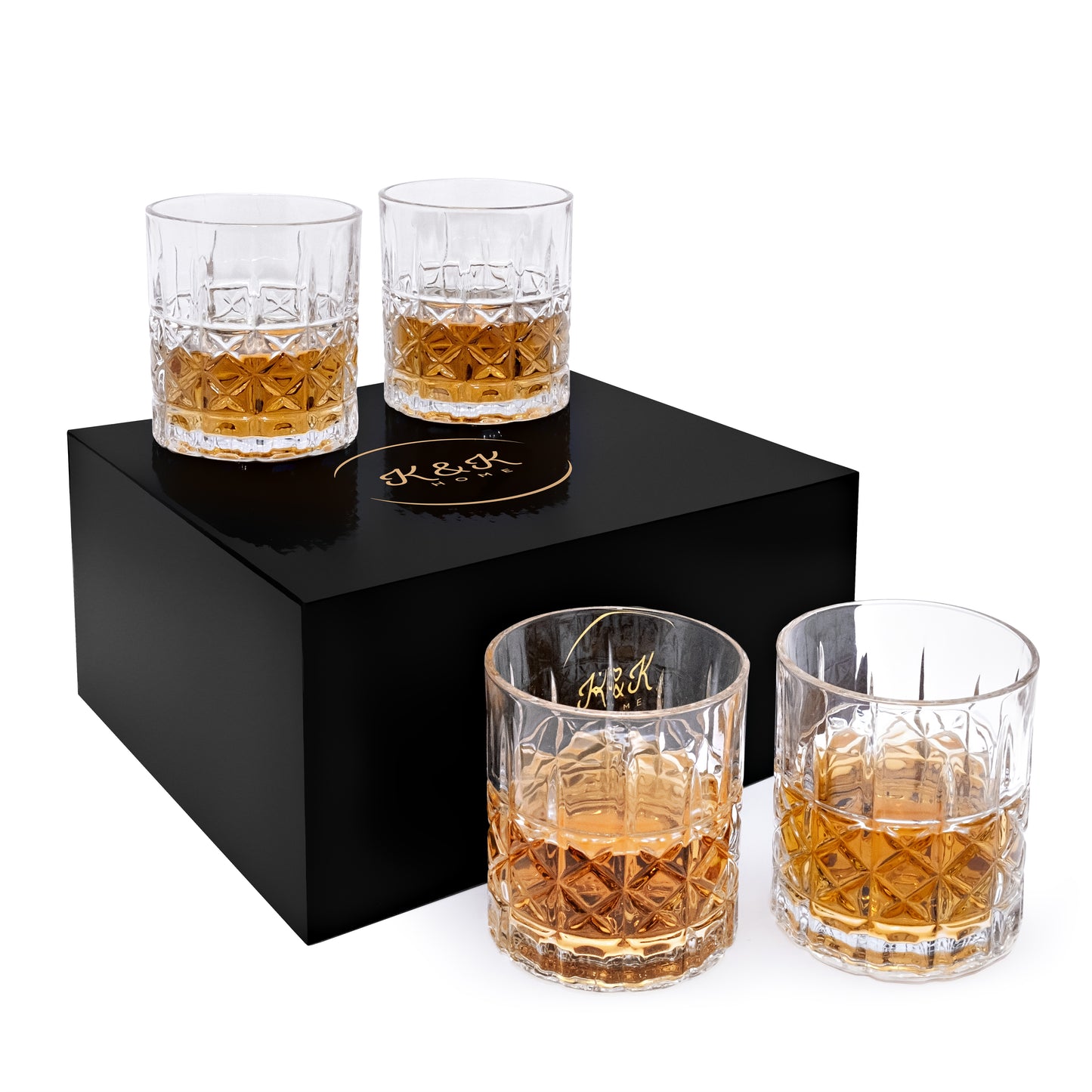 K&K Home Whiskey Glasses Set of 4-12 Oz Unique Bourbon Glass, Old Fashioned Liquor Vodka Bourbon Cocktail Scotch Bar Glasses Set