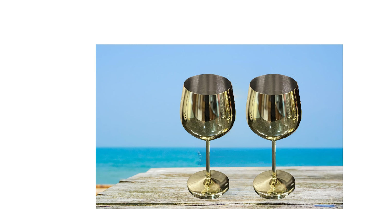 K&K Home Gold Stainless Steel Unbreakable Wine Glasses - 18 oz - Set of 2 Colored, Stemmed Metal Wine Glasses Perfect for Outdoors, Weddings, and Parties