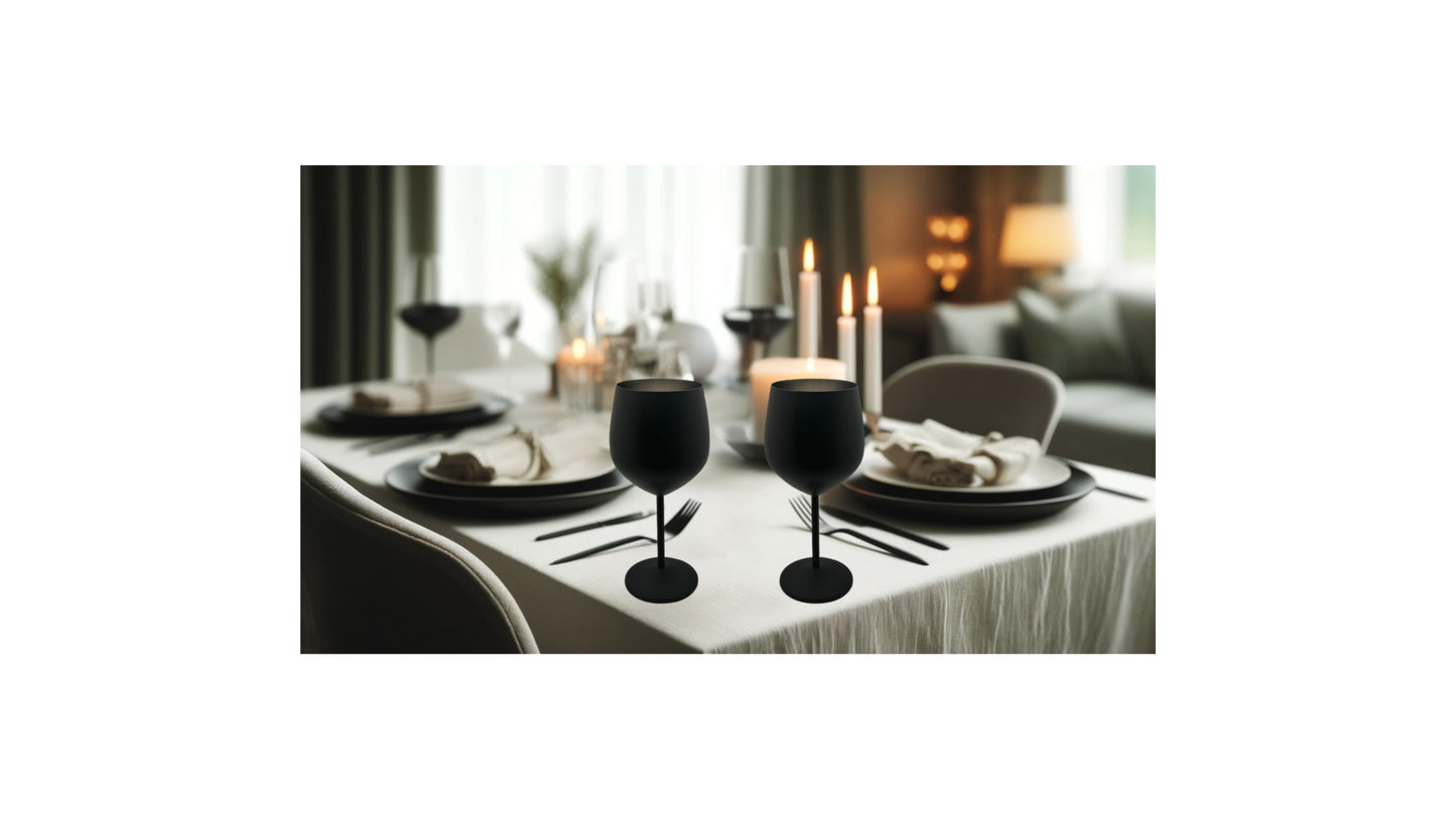 K&K Home Black Matte Stainless Steel Unbreakable Wine Glasses - 18 oz - Set of 2 Colored, Stemmed Metal Wine Glasses Perfect for Outdoors, Weddings, and Fancy Gatherings