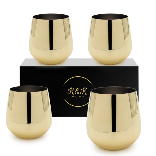 K&K Home Stainless Steel Unbreakable Stemless Wine Glasses - 15 oz - Set of 4 Colored, Stemless Metal Wine Glasses Perfect for Outdoors, Weddings, and Parties