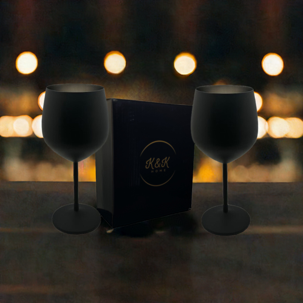 K&K Home Black Matte Stainless Steel Unbreakable Wine Glasses - 18 oz - Set of 2 Colored, Stemmed Metal Wine Glasses Perfect for Outdoors, Weddings, and Fancy Gatherings